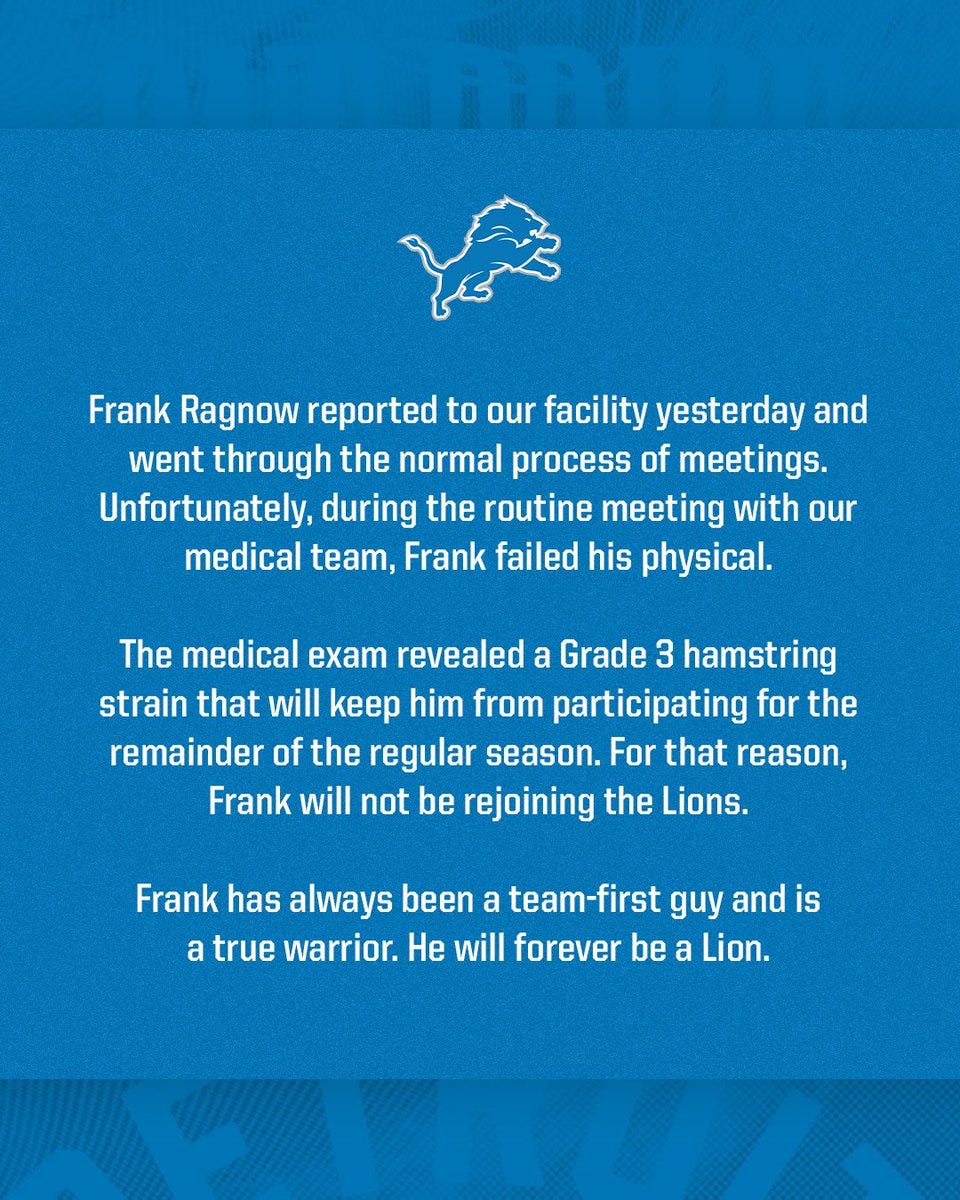 Detroit Lions Frank Ragnow hamstring strain official statement