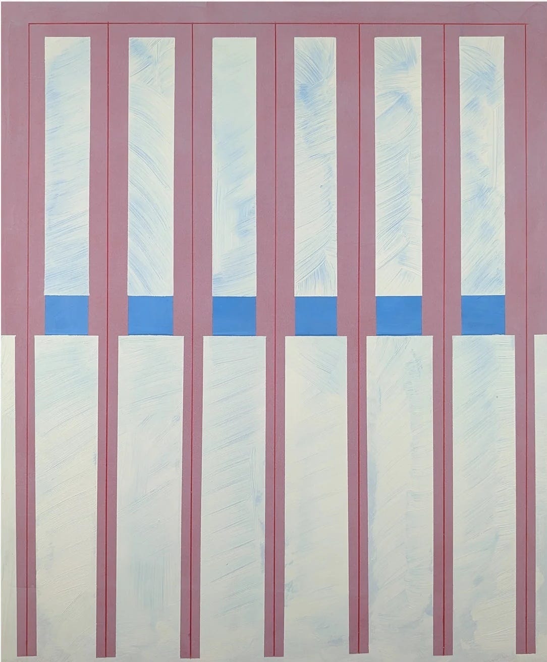 Arielle Zamora, Mérida Wall, 2025. A painting on panel of dusty pink vertical bars over pale, washed white panels, with a row of bright blue rectangles running across the middle and thin lines carved into the surface. Arielle Zamora, Mérida Wall, 2025. A painting on panel of dusty pink vertical bars over pale, washed white panels, with a row of bright blue rectangles running across the middle and thin lines carved into the surface.