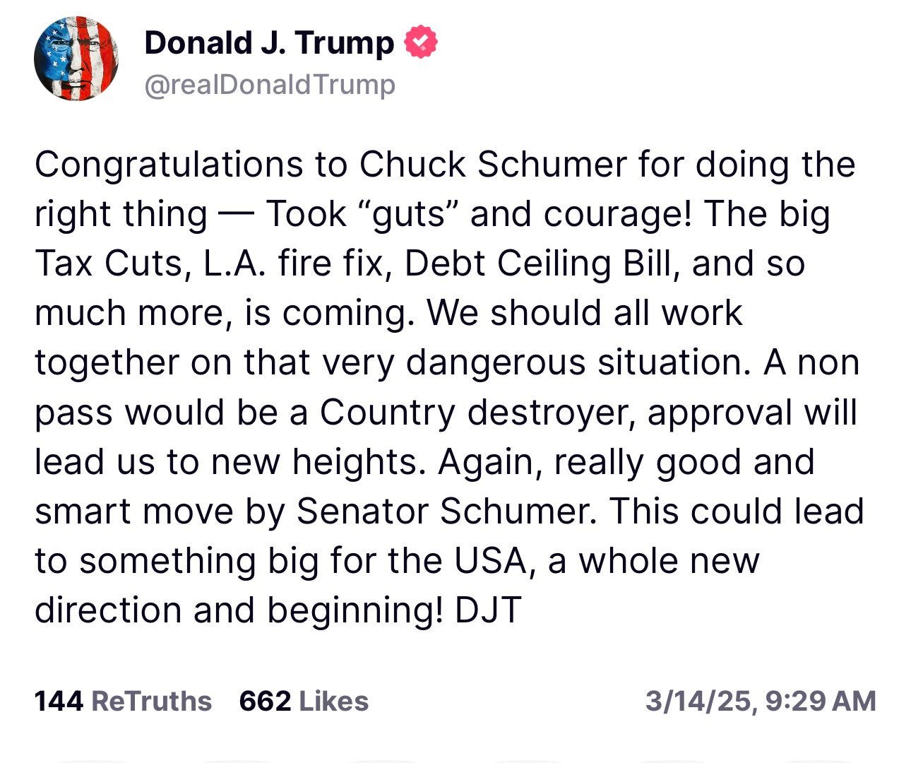 Sahil Kapur on X: "Trump praises Chuck Schumer for saying he'll allow a  vote on the House-passed Republican funding bill. https://t.co/RkODyY7Y2E"  / X