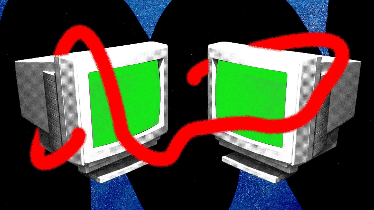 Illustration of two computers with a red wormlike line wrapped around them
