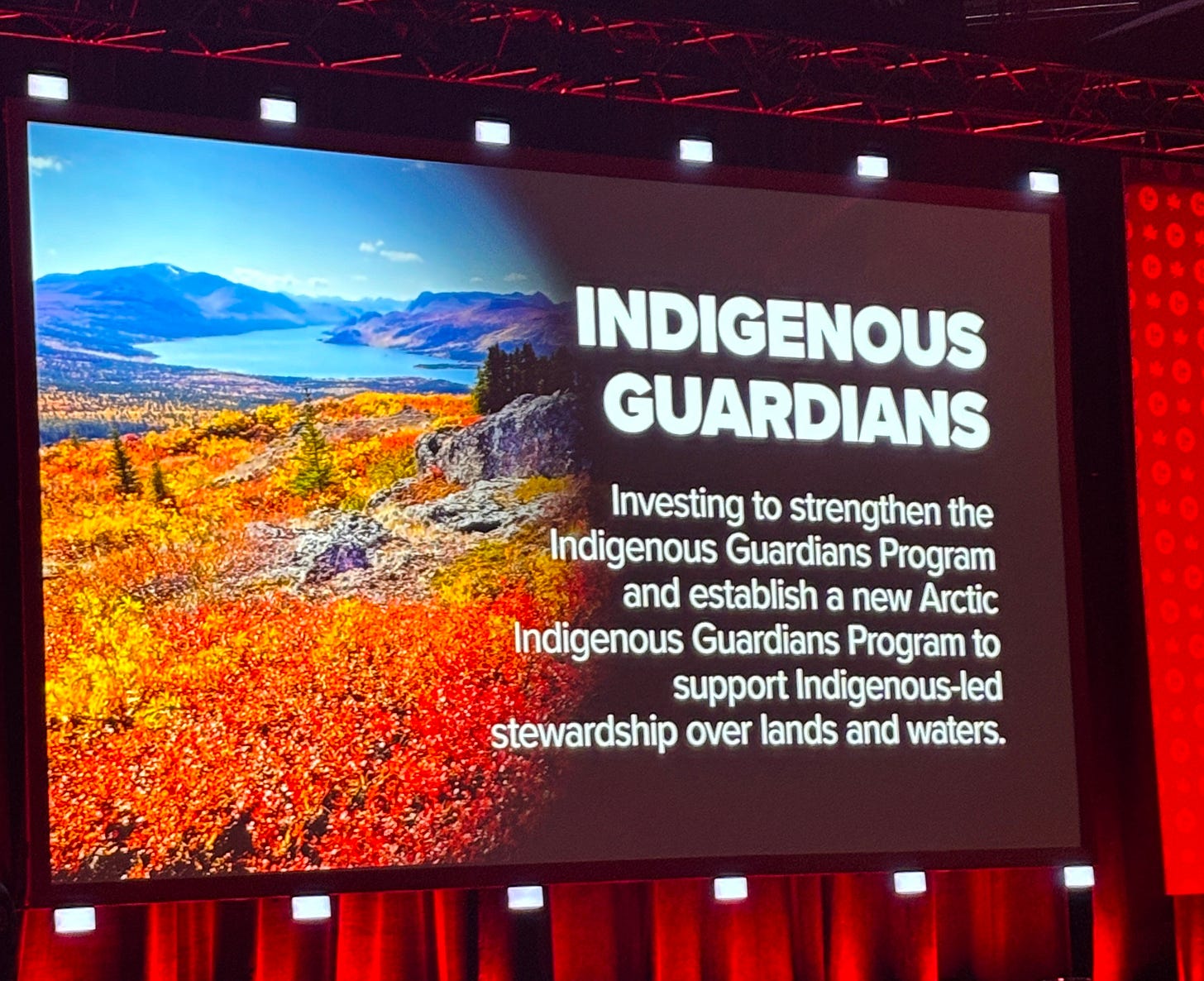 Image reads: Indigenous Guardians - Investing to strengthen the Indigenous Guardians Program and establish a new Arctic Indigenous Guardians Program to support Indigenous-led stewardship over lands and waters. Photo taken by Madeleine Kelly.