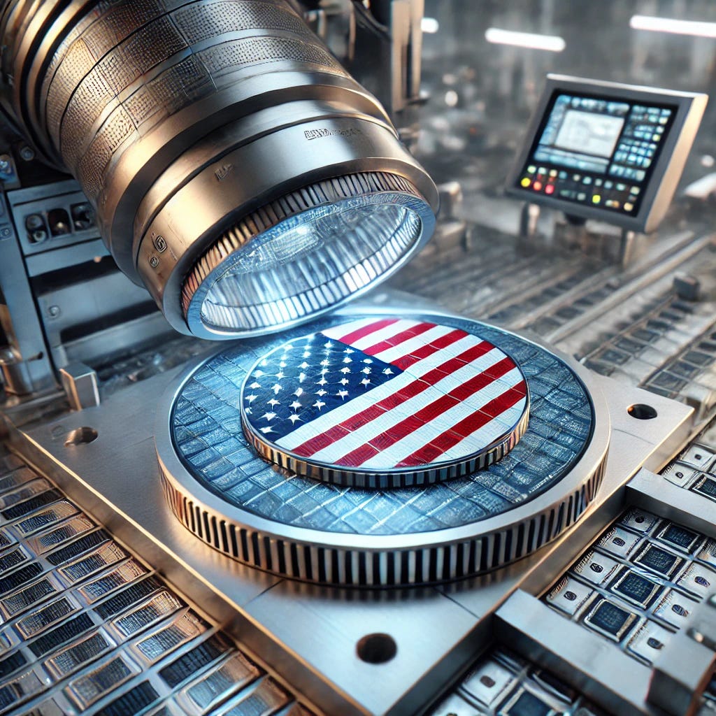 A detailed and realistic depiction of a silicon wafer entering a high-tech semiconductor manufacturing machine. The wafer is partially inserted into the machine, which features a sleek, metallic design with visible intricate components and glowing indicator lights. The wafer itself is adorned with subtle American flag patterns, symbolizing patriotism and technological innovation. The background shows a cleanroom environment, with bright lighting and a sterile, futuristic atmosphere. The scene captures the precision and advanced technology of semiconductor fabrication with a focus on American identity.