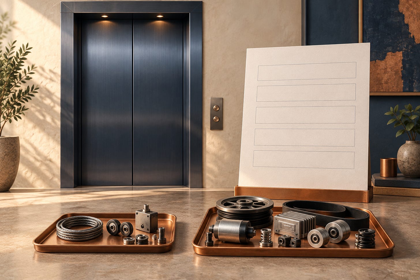 Conceptual illustration of an elevator doorway beside a blank service card and two groups of small metal components. Conceptual illustration of an elevator doorway beside a blank service card and two groups of small metal components.