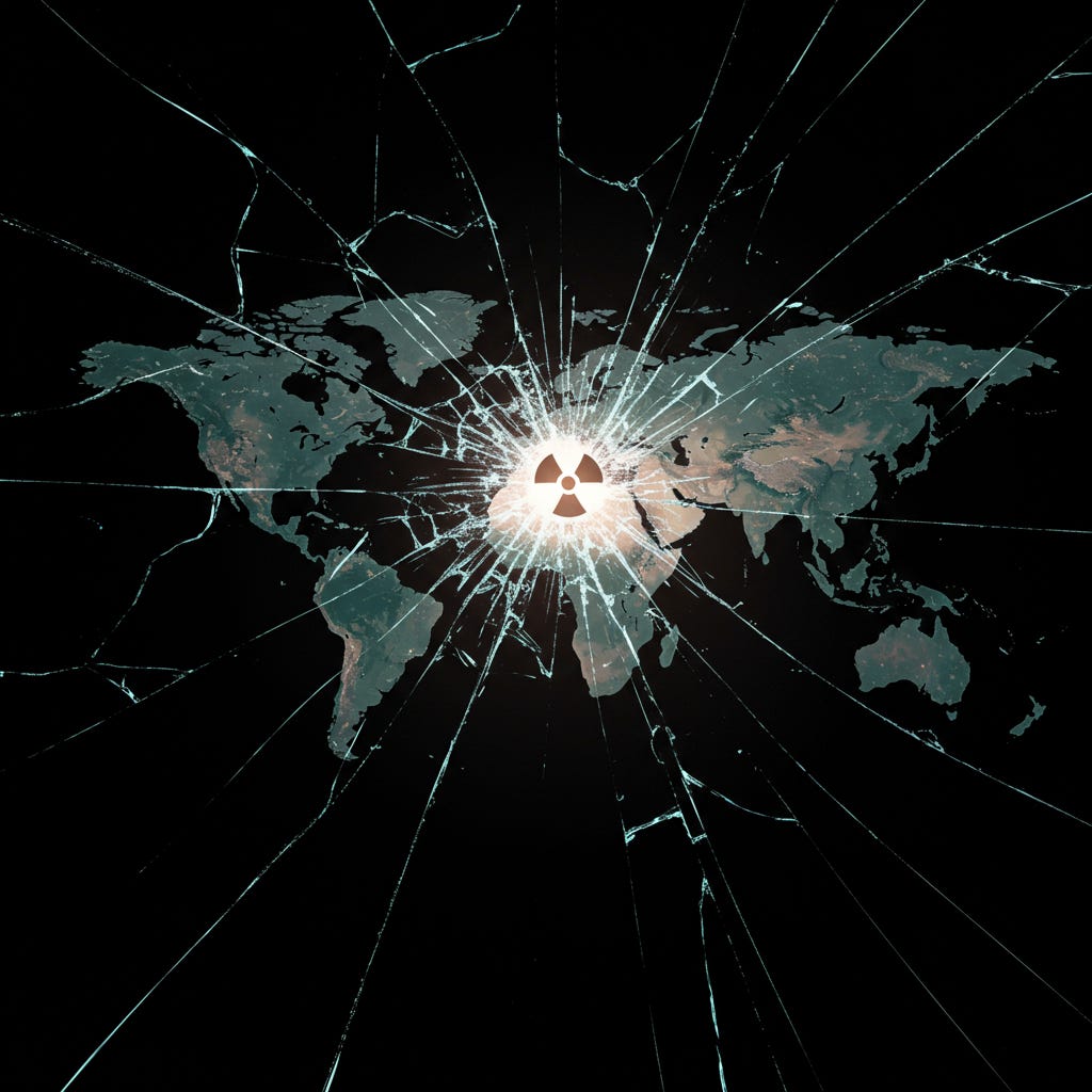 A shattered glass effect over a world map, with the fragments representing the broken global order, and a subtle glow or a small, abstract representation of a nuclear reaction at the center of the 'impact.' A shattered glass effect over a world map, with the fragments representing the broken global order, and a subtle glow or a small, abstract representation of a nuclear reaction at the center of the 'impact.'