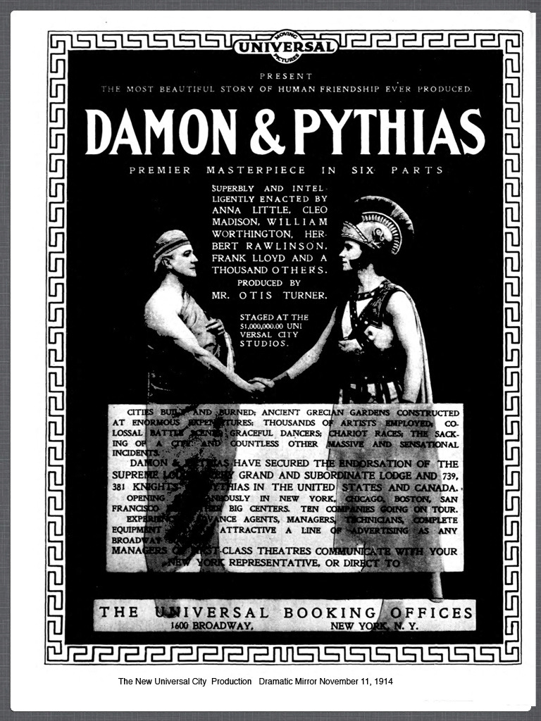 Poster for Damon & Pythias 1914 silent film showing two friends in Greek garb. Poster for Damon & Pythias 1914 silent film showing two friends in Greek garb.
