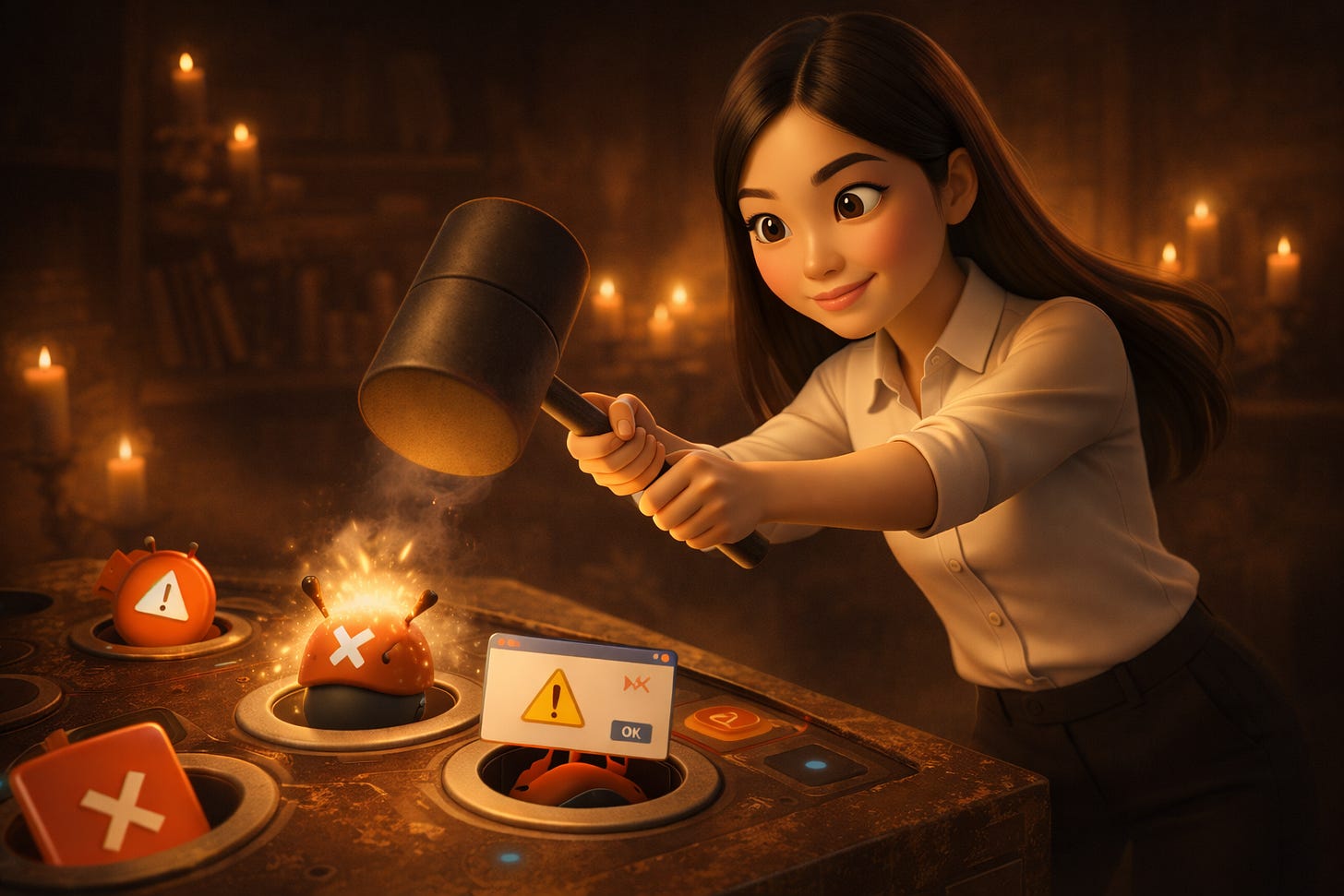 Jenny Ouyang from BuildToLaunch.ai mid-swing in a Pixar-style “Whack-a-Bug” arcade game, smashing cartoon software bugs — a vivid metaphor for manual smoke testing.