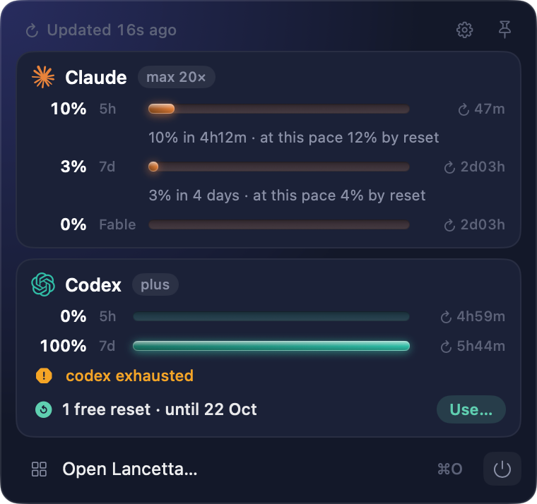 The Lancetta panel: Updated 16s ago across the top; Claude at 10% of its 5-hour window and 3% of its week, each with a line saying where it ends at the current pace, and its Fable limit at 0%; Codex spent for the week, with the free reset it holds until 22 October and a Use… button The Lancetta panel: Updated 16s ago across the top; Claude at 10% of its 5-hour window and 3% of its week, each with a line saying where it ends at the current pace, and its Fable limit at 0%; Codex spent for the week, with the free reset it holds until 22 October and a Use… button