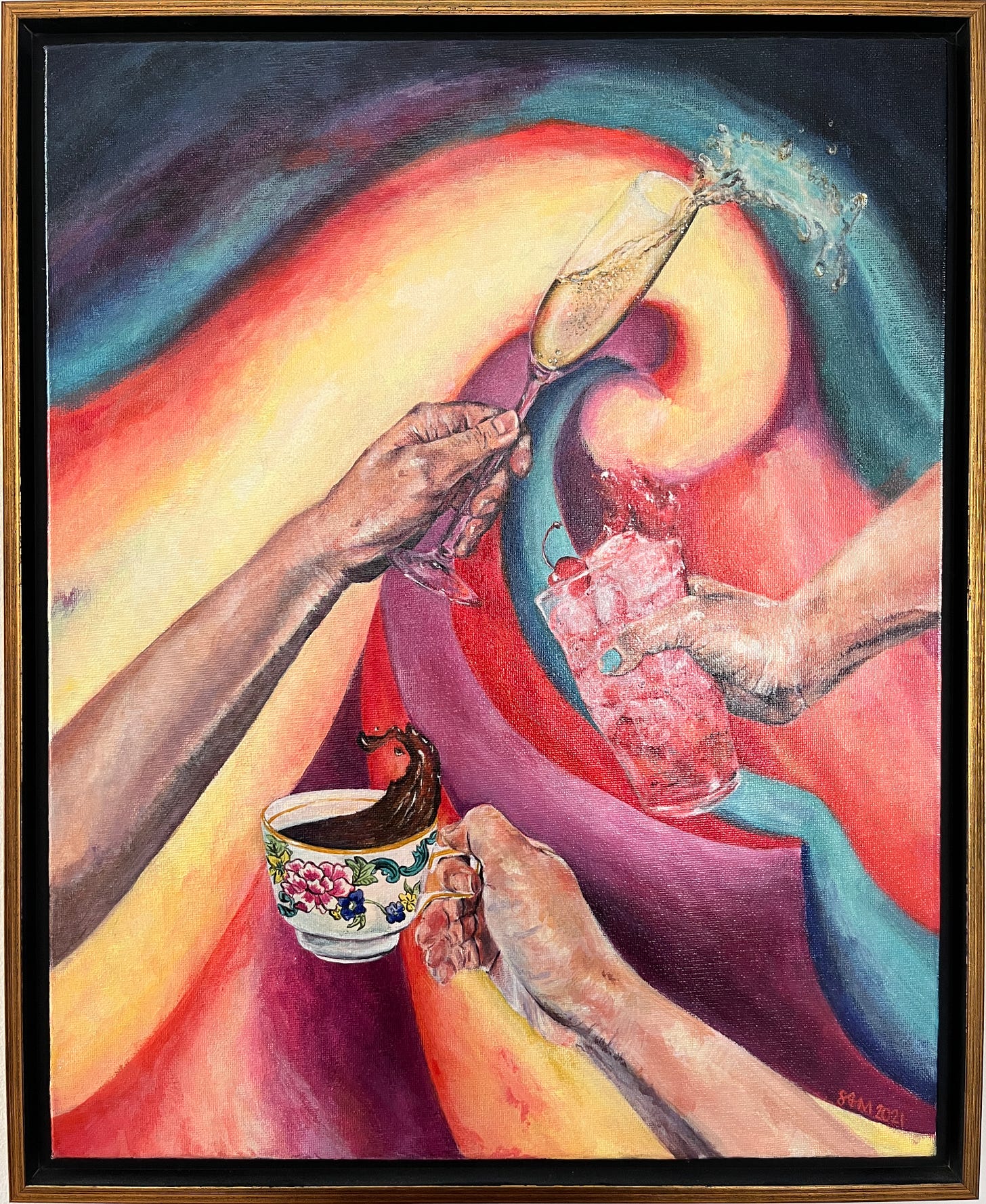 A vibrant painting of three hands holding drinks that are sloshing out of the cups as if cheersing: one of champagne in a flute, one of black tea in a decorative china cup, and one of a Shirley Temple in a glass. They are over a multicolored swirling background inspired by Georgia O’Keefe paintings. A vibrant painting of three hands holding drinks that are sloshing out of the cups as if cheersing: one of champagne in a flute, one of black tea in a decorative china cup, and one of a Shirley Temple in a glass. They are over a multicolored swirling background inspired by Georgia O’Keefe paintings.