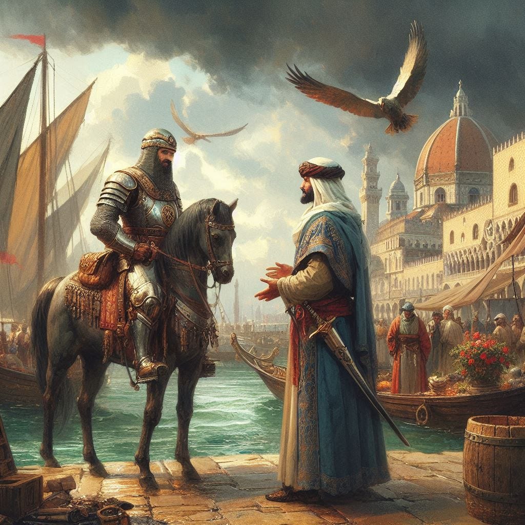 medieval arabian vizier talking to knight in armor, on the docks of renassiance florence, port and boats, dungeons and dragons fantasy digital art
