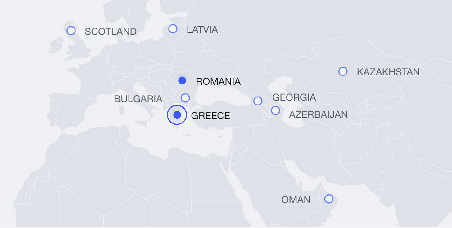 A map with plot points in Greece, Bulgaria, and Romania, the Baltics, the Gulf, Central Asia and Caucasus