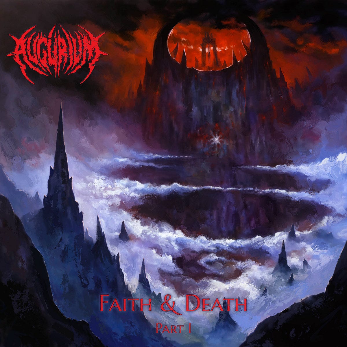 Album cover artwork for Faith & Death Part 1 by Augurium. It features a painting by Mark Erskine showing a dark red sky over mountain peaks, clouds, and large pits. Looks like Mordor!