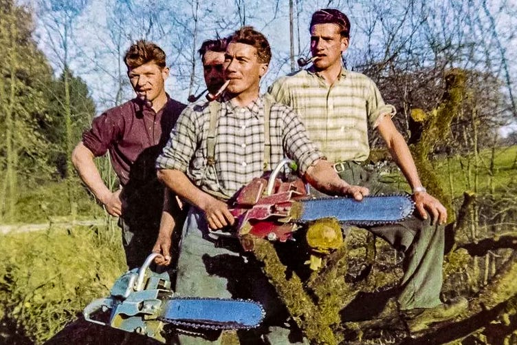 Koloriertes Foto aus den 1960er-Jahren: Ein Obstbaum-Kommando von Walter Luginbühl Senior posiert mit grossen Kettensägen vor frisch gefällten Bäumen. Vier Männer in Arbeitskleidung, karierten Hemden und mit Pfeifen im Mund stehen selbstbewusst nebeneinander. Die Szene dokumentiert die Zeit des „Baummords“ in der Schweiz, als Millionen Hochstamm-Obstbäume gefällt wurden. Koloriertes Foto aus den 1960er-Jahren: Ein Obstbaum-Kommando von Walter Luginbühl Senior posiert mit grossen Kettensägen vor frisch gefällten Bäumen. Vier Männer in Arbeitskleidung, karierten Hemden und mit Pfeifen im Mund stehen selbstbewusst nebeneinander. Die Szene dokumentiert die Zeit des „Baummords“ in der Schweiz, als Millionen Hochstamm-Obstbäume gefällt wurden.