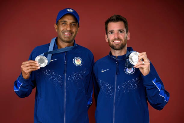 Olympians Rajeev Ram and Austin Krajicek of Team United States pose on the Today Show Set on August 03, 2024 in Paris, France.