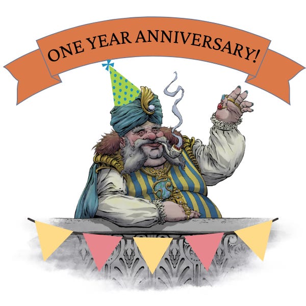 A large and jovial man smokes a pipe with one hand raised in greeting. He wears a party hat. A banner with the words "One Year Anniversary" arcs above him, and flags hang from the railing in front of him. A large and jovial man smokes a pipe with one hand raised in greeting. He wears a party hat. A banner with the words "One Year Anniversary" arcs above him, and flags hang from the railing in front of him.