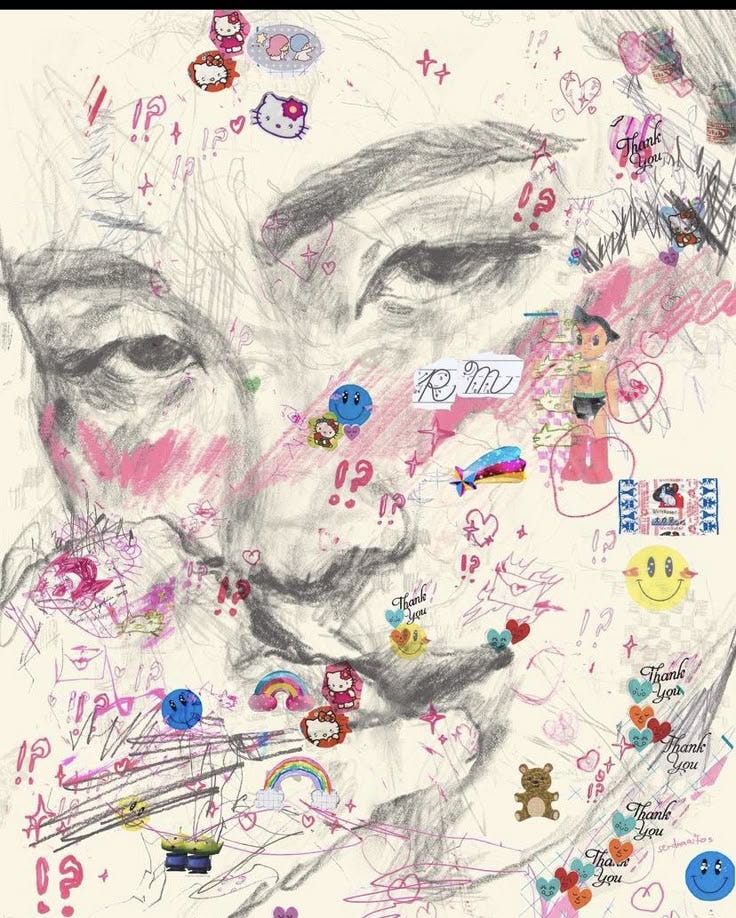 This may contain: a drawing of a woman's face surrounded by stickers