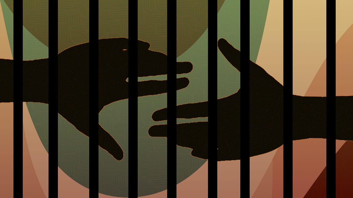 An illustration of two hands reaching out to each other behind the bars of a cell