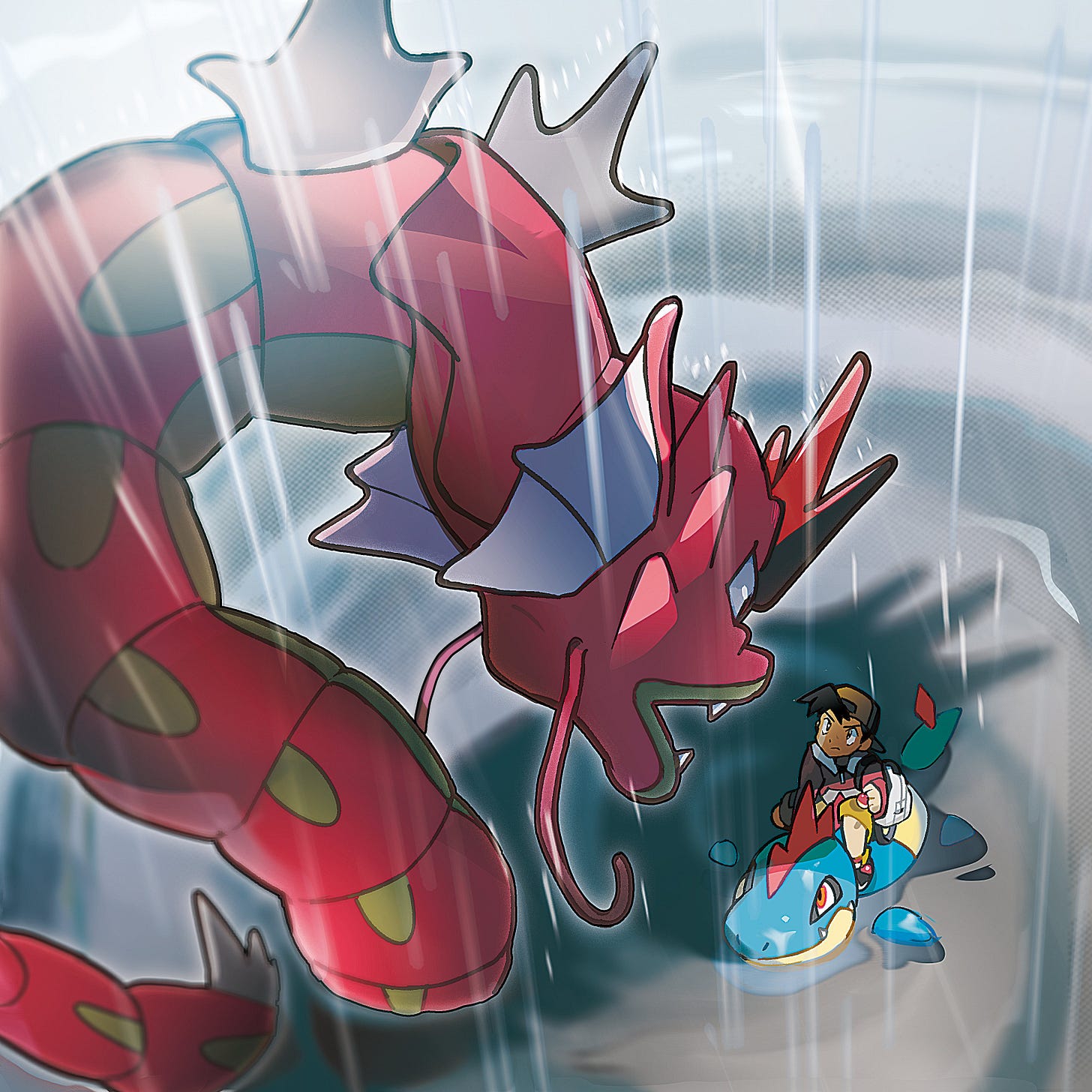 A commemorative illustration from February 2022, depicting the Red Gyarados at the Lake of Rage from Pokémon Gold and Silver A commemorative illustration from February 2022, depicting the Red Gyarados at the Lake of Rage from Pokémon Gold and Silver