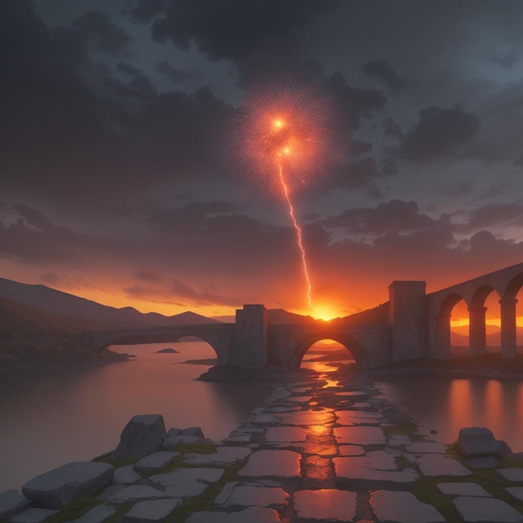 An explosion on a stone bridge between two volcanos. The sky is gray and red.