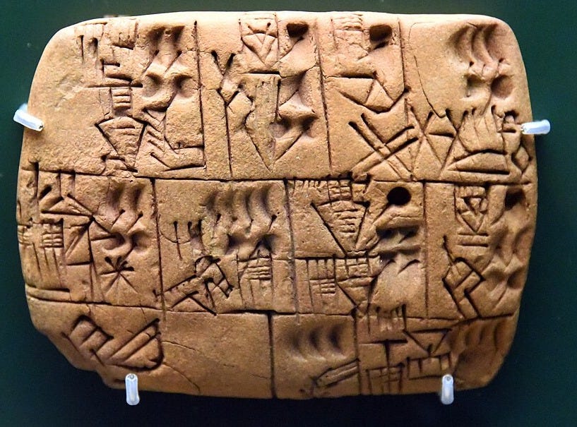File:Clay tablet, beer for the workers. Temples issued workers with daily rations of barely beer, the staple drink of Mesopotamia. Late Uruk period, 3000-3100 BCE. Purchased via Christie's in 1989.jpg