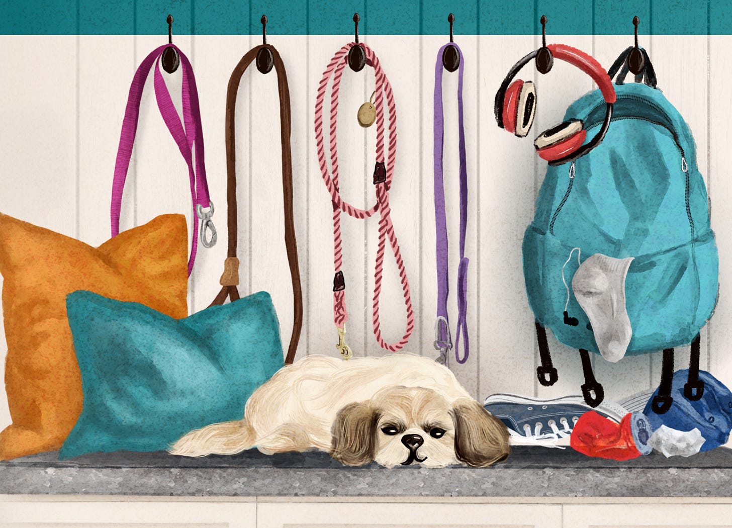 illustration of a white dog lying on a gray cushioned bench