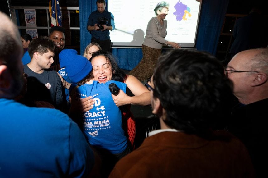Analilia Mejia celebrates with supporters at her primary night party at Porta in Montclair, New Jersey, on February 5, 2026.