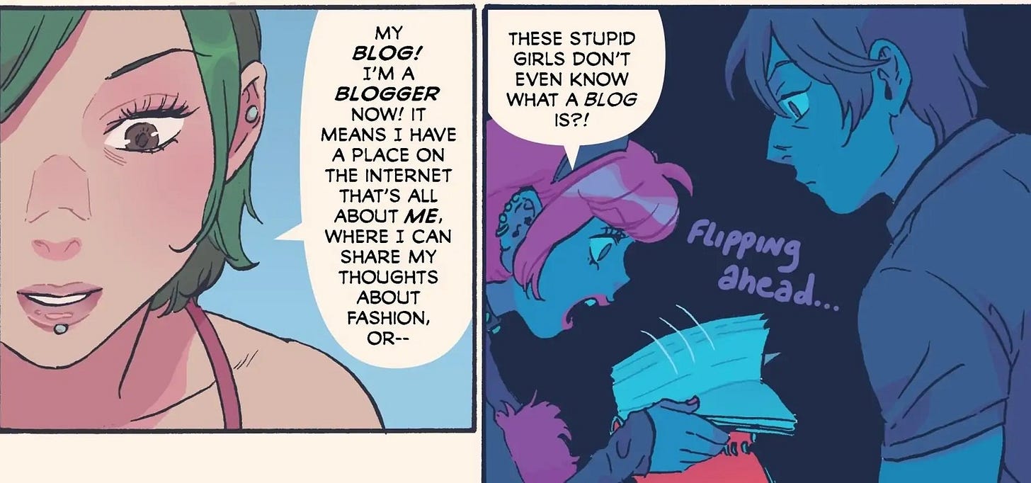 Side characters from Snotgirl read through someone's notes, which are depicted as a flashback. The character of Misty, a cute, petite woman, shows impatience and confusion at the flashback girl defining a blog.