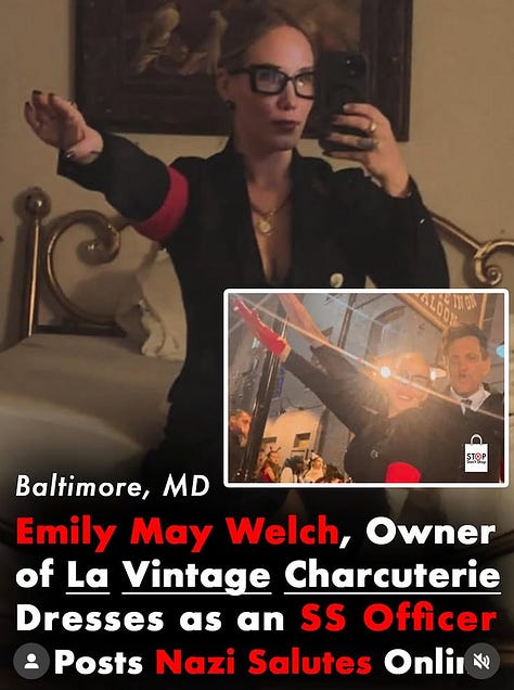Left: Despite trafficking in Holocaust denial and distortion, Candace Owens received a featurette on CNN's homepage; Center: A small business owner posts Nazi salutes on social media; Right: A social media post linking to a Substack article by a Conservative writer lamenting the rise of antisemitism among young people on the political Right. 