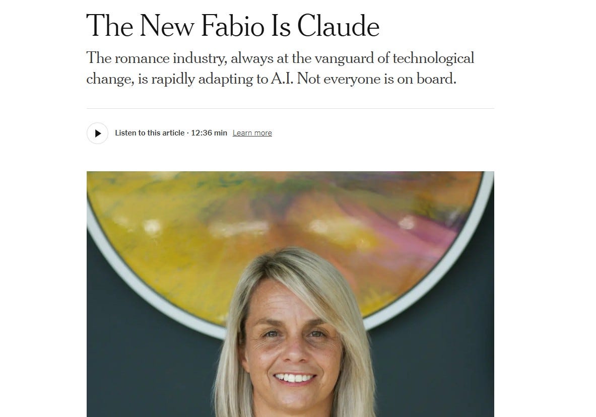 Screenshot of a New York Times article titled “The New Fabio Is Claude,” discussing how the romance publishing industry is rapidly adopting AI tools like Claude, featuring a portrait of a blonde woman beneath the headline.