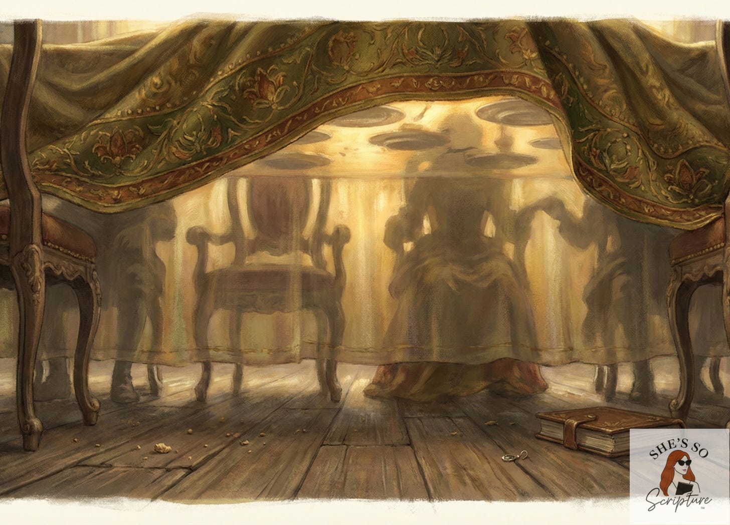 Illustration of a royal banquet table seen from underneath, with warm light and shadowed figures above, symbolizing limited perspective and spiritual reflection.