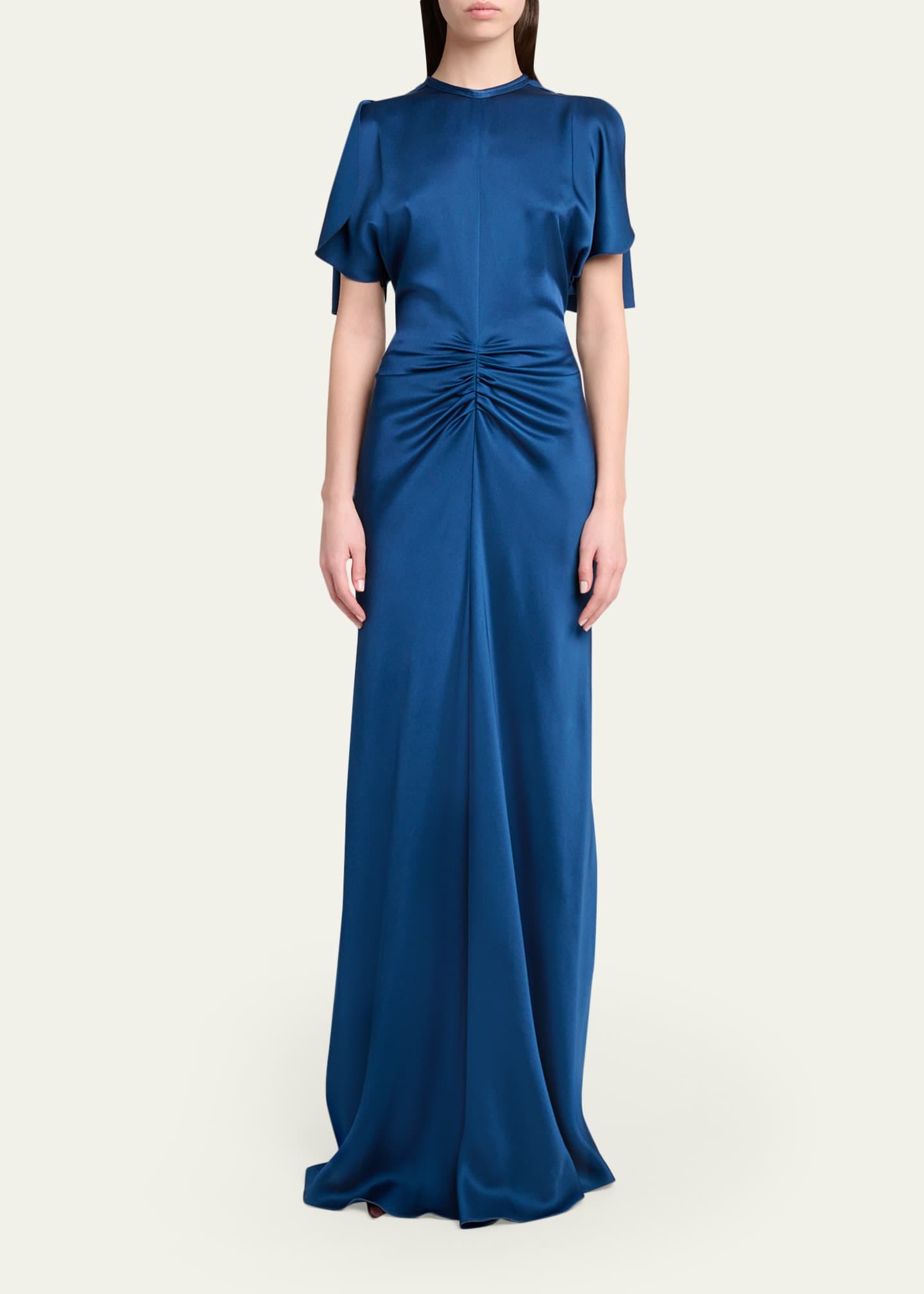 Victoria Beckham Gathered Waist Flutter-Sleeve Satin Gown Image 2 of 5