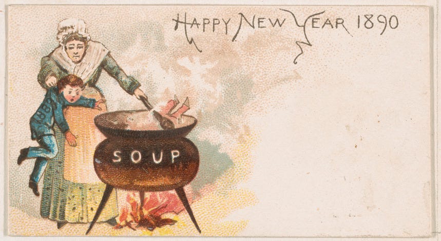 a small card with a woman holding a young boy by the scruff of his neck over a pot labled 'soup' the card reads 'Happy New Year 1890'