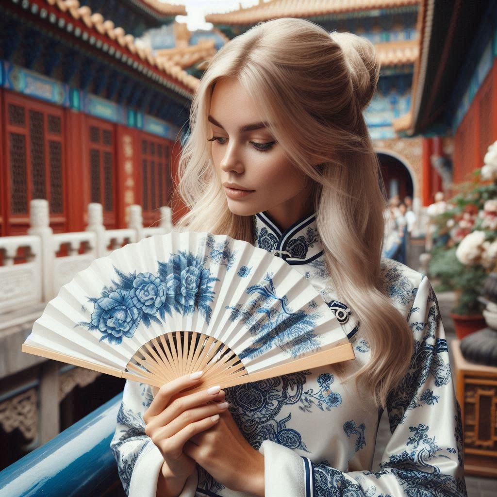 A blonde Caucasian woman in a traditional Chinese outfit with blue and white designs, holding a small Chinese fan with hand-painted patterns, observing Chinese architecture with interest and curiosity.