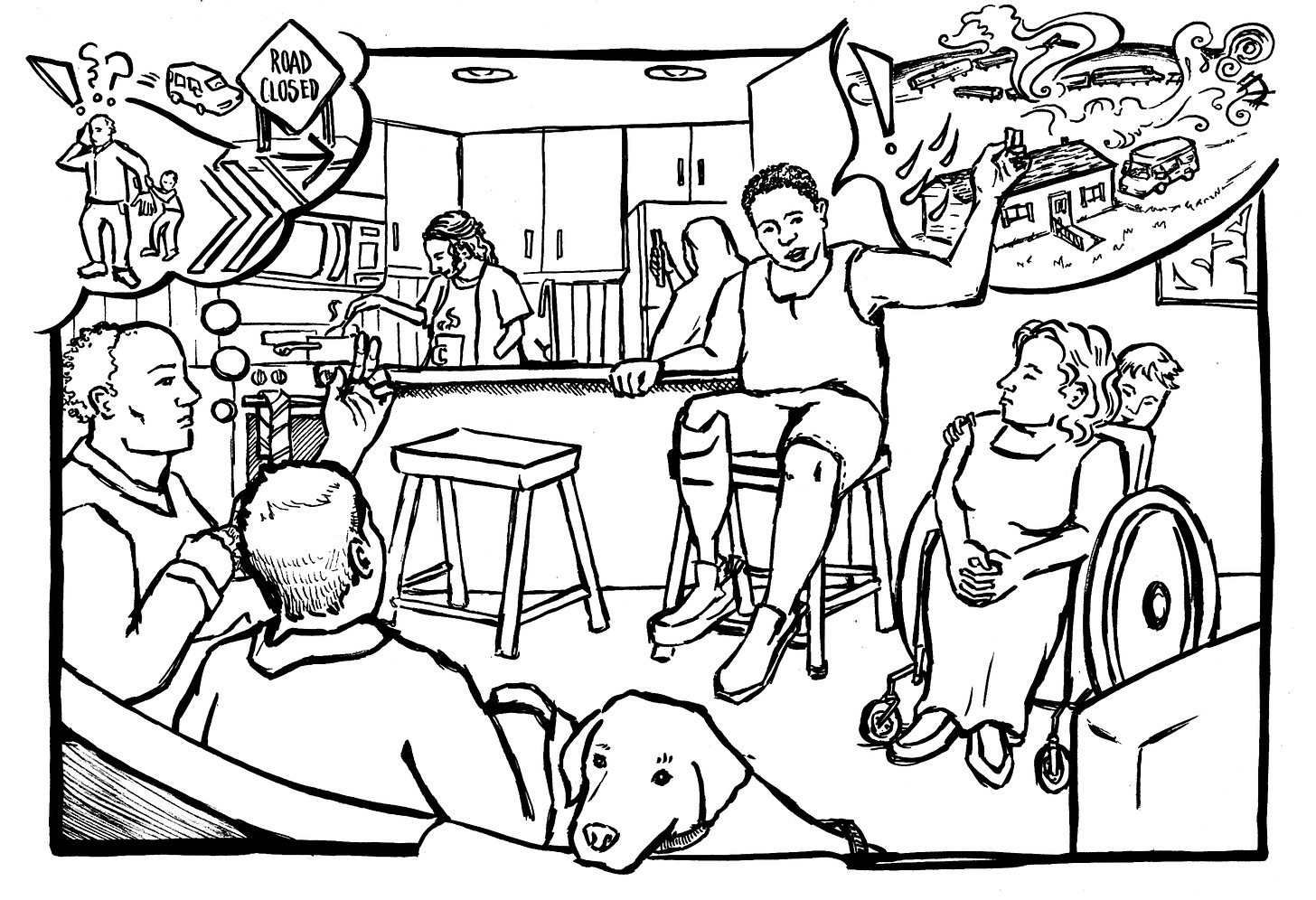 A group of people, including a man with prosthetic legs and a woman in a wheelchair, gather in a kitchen sharing stories. One mans thought bubble depicts a flood, damaged houses, and a road closed sign. A service dog rests nearby. A group of people, including a man with prosthetic legs and a woman in a wheelchair, gather in a kitchen sharing stories. One mans thought bubble depicts a flood, damaged houses, and a road closed sign. A service dog rests nearby.