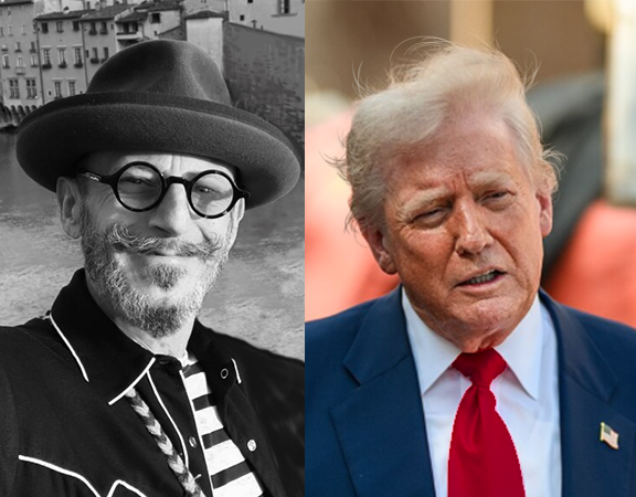 Two photos side by side: Left is a photo of me in my typical quirky garb, right is Donald Trump with his typical hair-don’t.