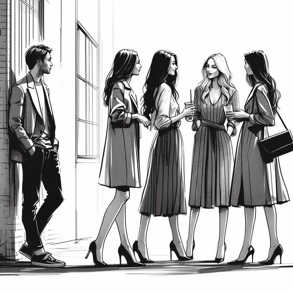 A group of women talking to each other while a man is standing lonely on the side in black and white ink and gouache style