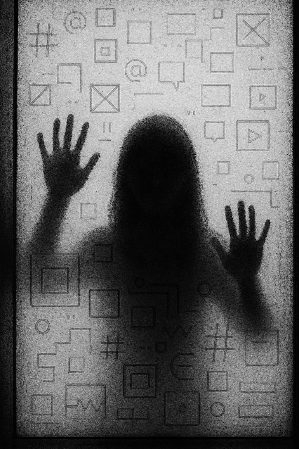 A black-and-white silhouette of a young woman behind frosted glass, pressing her hands to the surface. The glass is etched with digital icons — hashtags, play buttons, UI elements — creating a barrier between her and the viewer. A black-and-white silhouette of a young woman behind frosted glass, pressing her hands to the surface. The glass is etched with digital icons — hashtags, play buttons, UI elements — creating a barrier between her and the viewer.