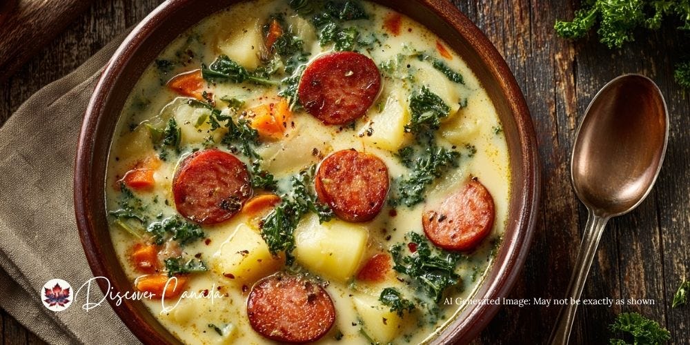 Bowl of sausage and potato soup with kale, carrots, and creamy broth on a rustic table Bowl of sausage and potato soup with kale, carrots, and creamy broth on a rustic table