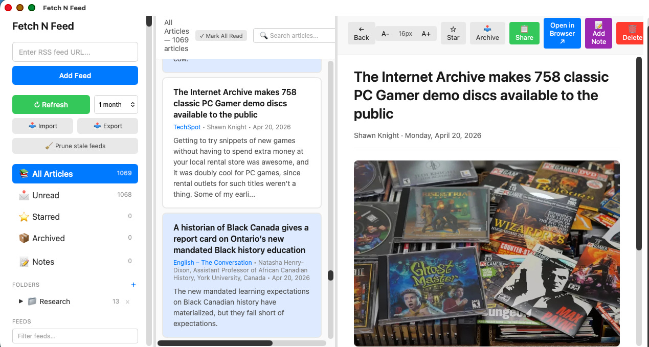 The interface has a three-column layout: a left sidebar with feed controls and article categories, a center list of RSS articles, and a large reading pane on the right. The selected article is titled “The Internet Archive makes 758 classic PC Gamer demo discs available to the public,” with toolbar buttons above it and a large image of game discs and PC Gamer covers below the headline. Blue highlights indicate the active “All Articles” section and the selected item in the article list.