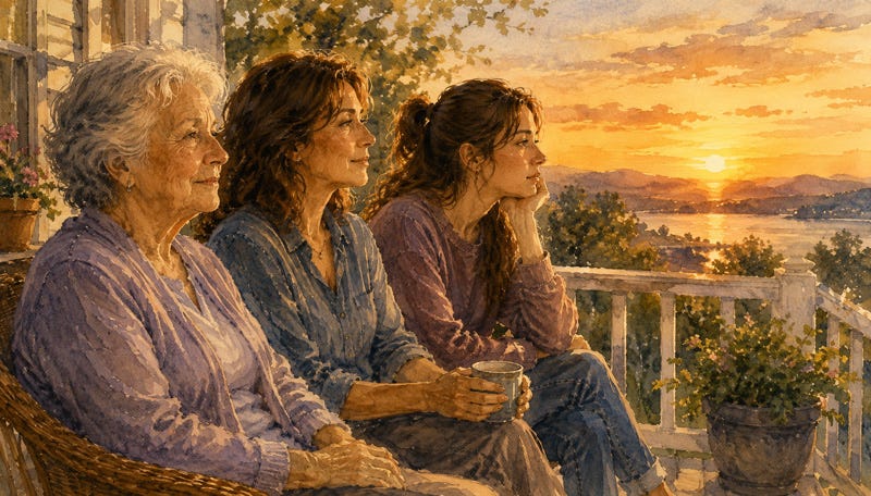 Three generations of women sit together on a porch at sunset, quietly reflecting on life, growth, and wisdom gained through experience. Three generations of women sit together on a porch at sunset, quietly reflecting on life, growth, and wisdom gained through experience.