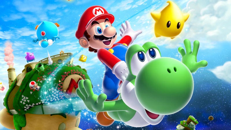 Mario riding Yoshi in Super Mario Galaxy 2
