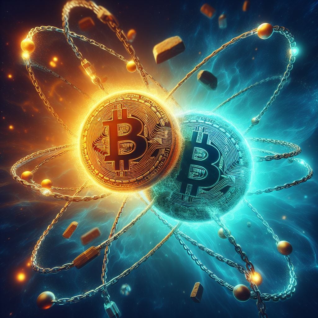 one bitcoin in orange, one in turquoise, connected via an atom, chains flowing in space, digital art