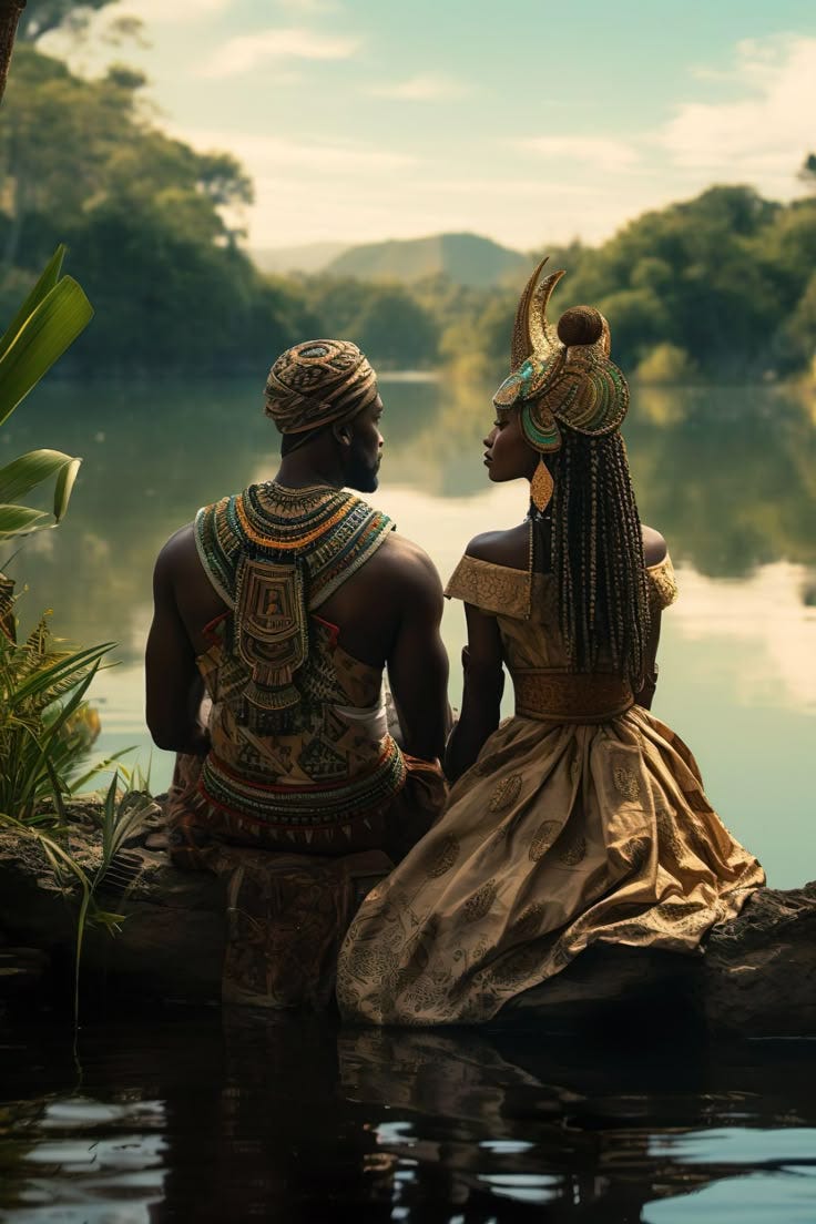This may contain: two people sitting on the edge of a body of water