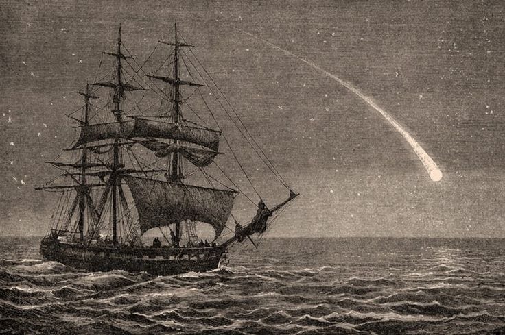 This may contain: an old ship in the ocean with a rocket coming from it