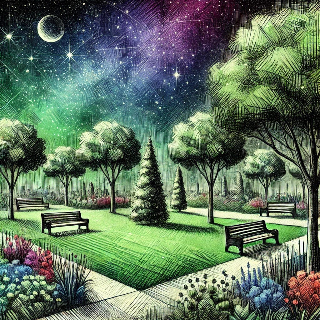A surreal sketch-style illustration of a park set in space. The park features rich green grass, subtle colorful accents like flowers, and trees with detailed foliage in natural green tones. The park includes benches and pathways. The sky is deep black, filled with stars and faint cosmic elements like soft purples and blues in the background, creating a balanced and harmonious blend of color and sketch detail. The sketch maintains a hand-drawn aesthetic with moderate yet vivid coloring.