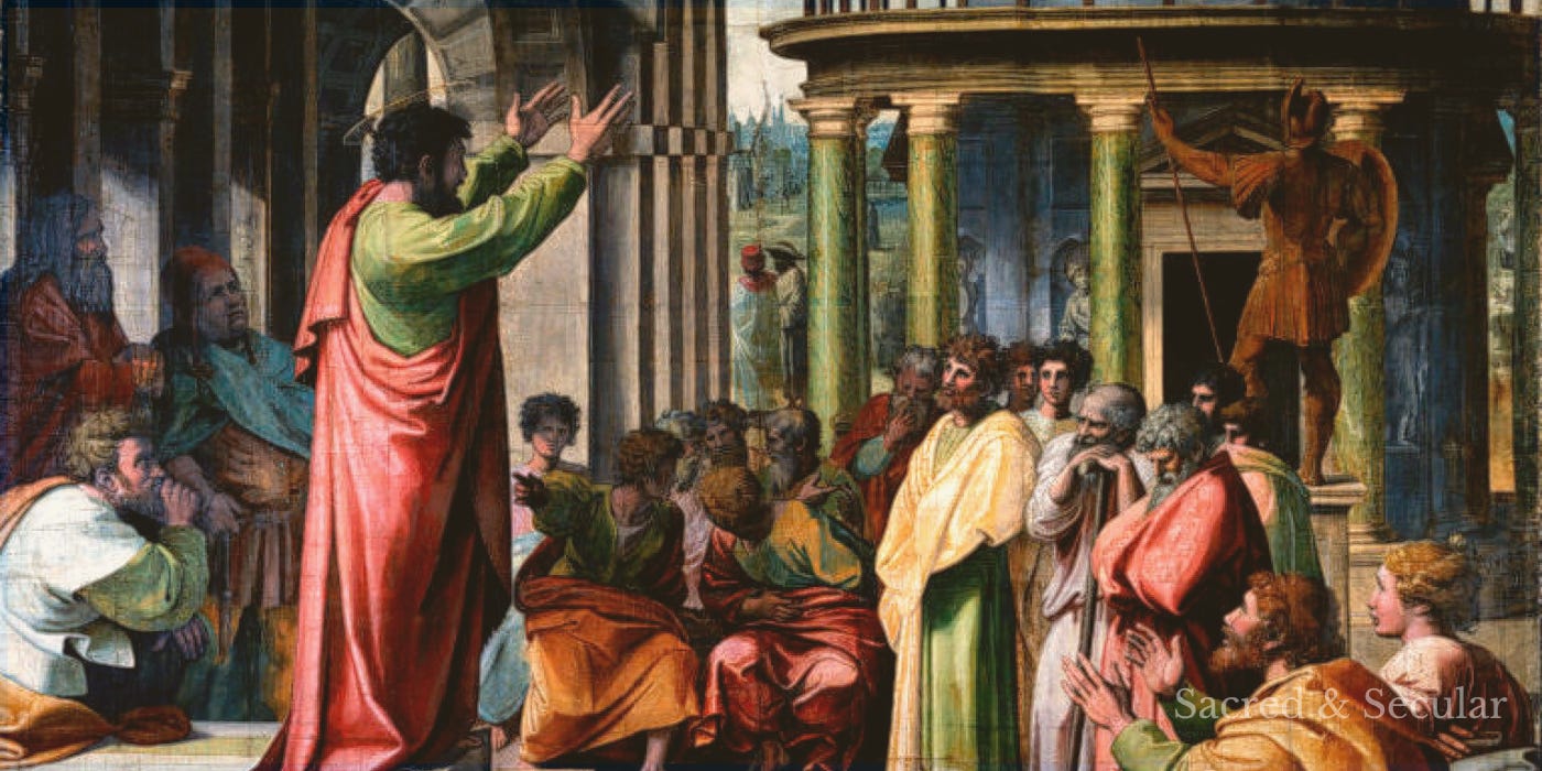 Raphael’s painting of Paul standing with raised hands as he addresses a crowd of philosophers and listeners in ancient Athens, surrounded by classical architecture. Raphael’s painting of Paul standing with raised hands as he addresses a crowd of philosophers and listeners in ancient Athens, surrounded by classical architecture.