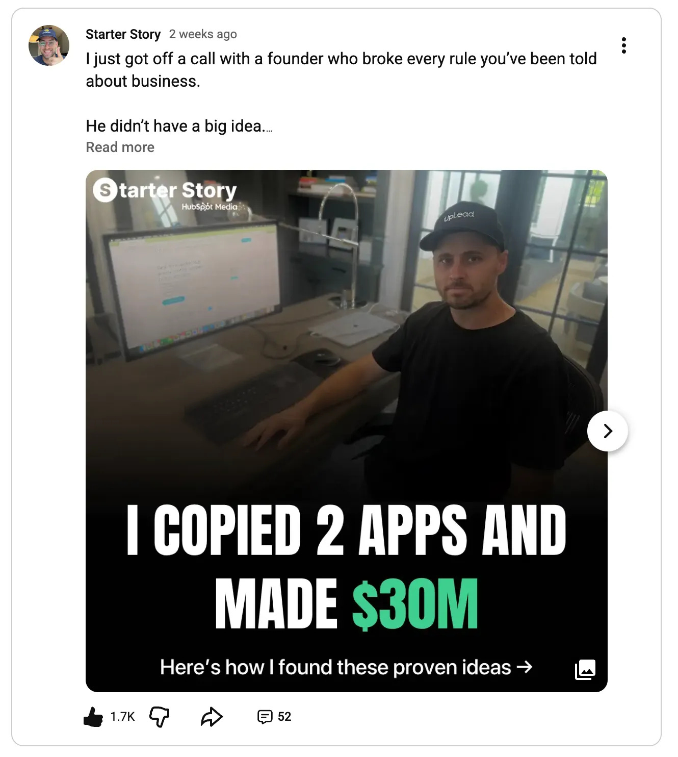 Starter Story profile of a founder who cloned two apps and made $30M combined