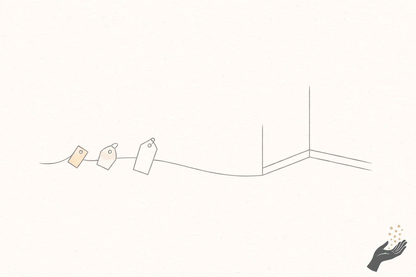 Minimalist line drawing on cream paper showing a thin path moving from left to right, passing through two small tag shapes, then continuing past a partial room outline before arriving at a doorway on the right.