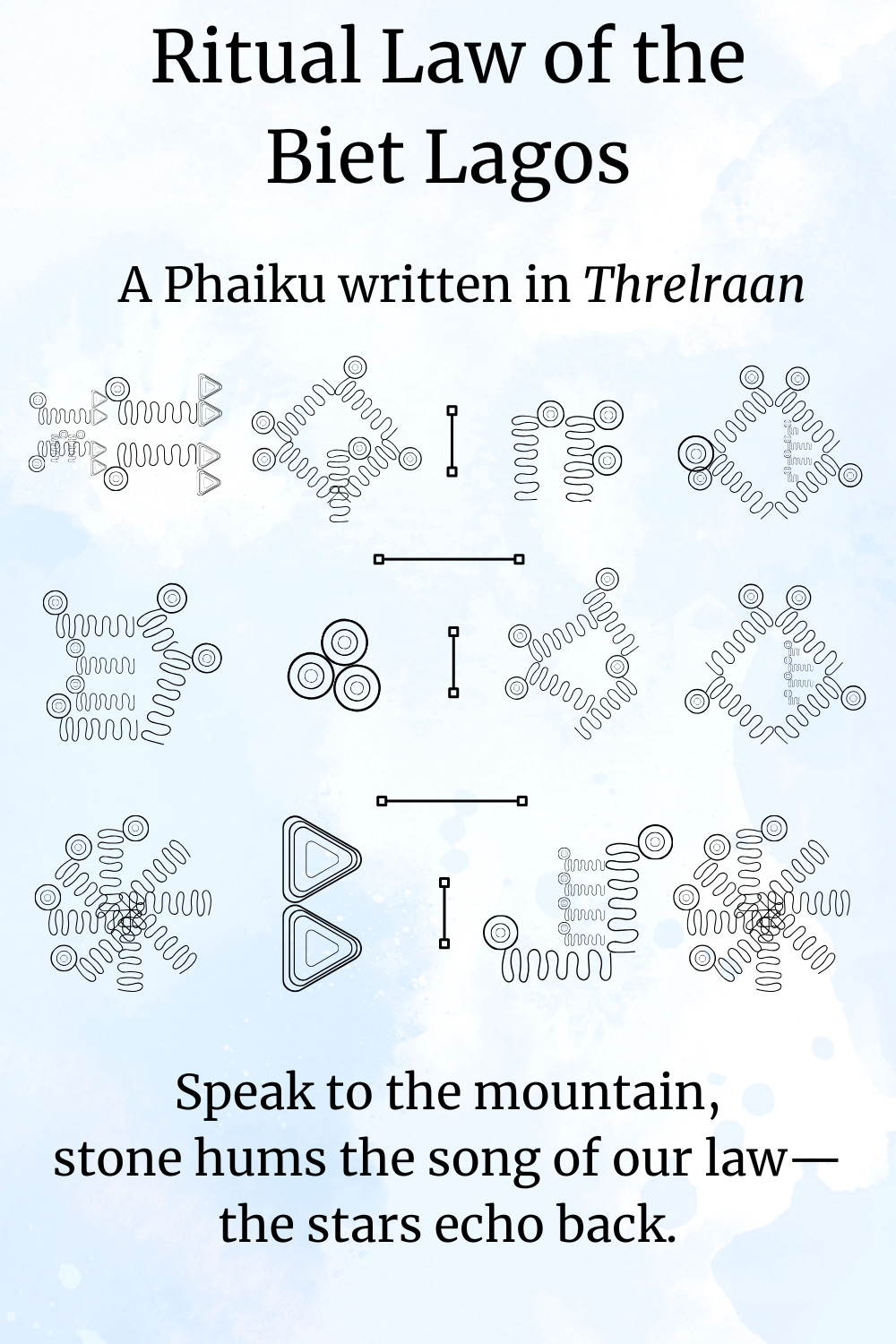 An image of a phaiku poem inscribed in Threlraan glyphs. The symbols resemble cuneiform strokes and bioluminescent patterns, arranged in three lines to echo the structure of a haiku. Beneath the glyphs is the English translation: “Speak to the mountain, stone hums the song of our law—the stars echo back.”