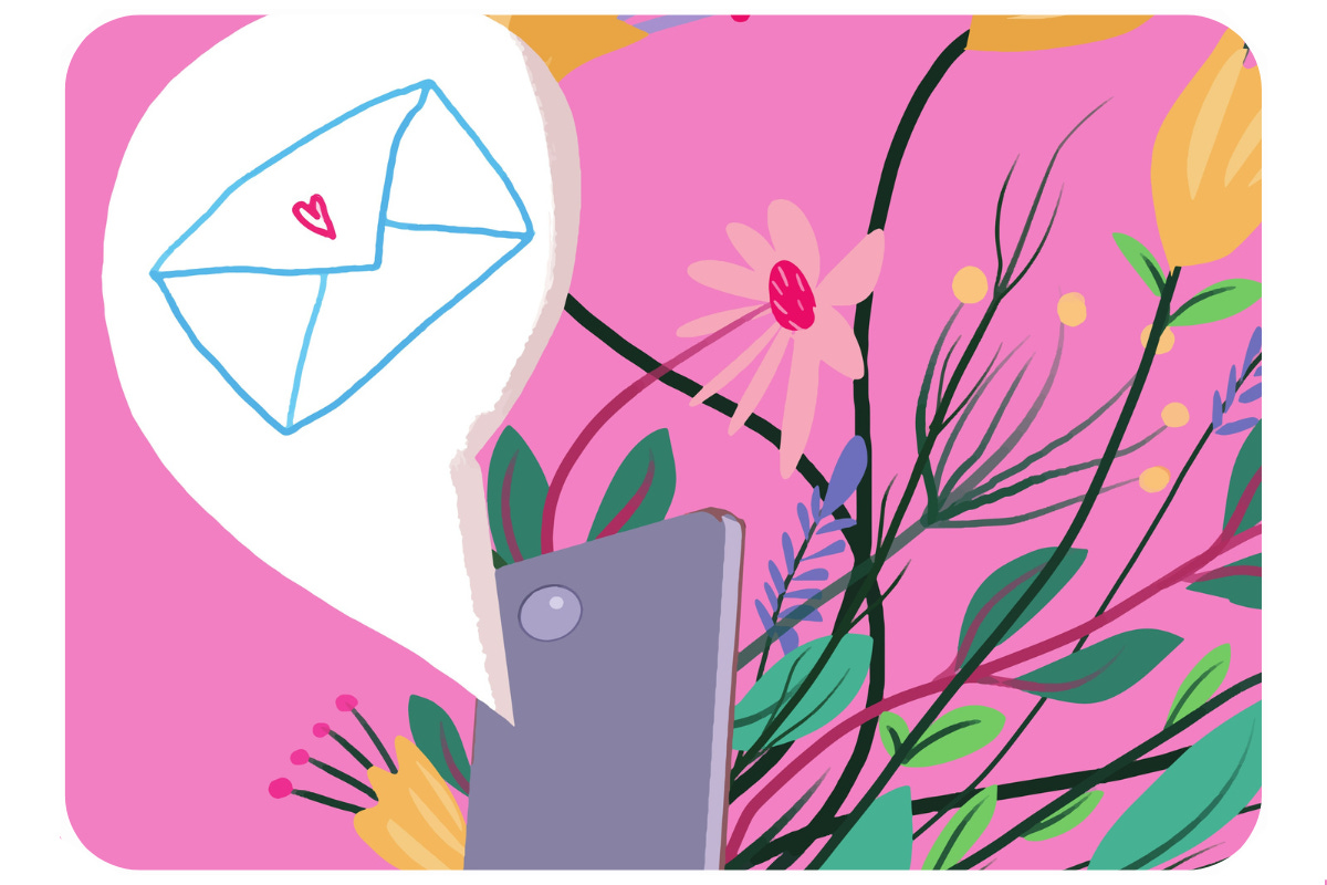 Smartphone with heart-stamped envelope on pink florals — Big Click Energy newsletter sign-up.