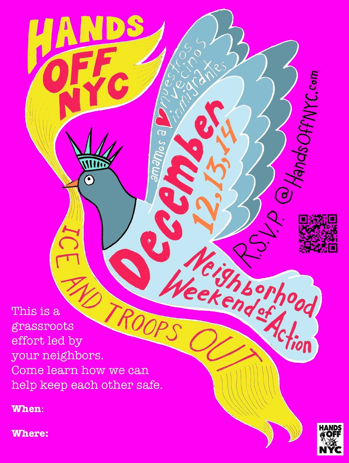 Graphic promoting Hands Off NYC weekend of action December 12, 13, 14. RSVP at @HandsoffNYC.com. Image is is of a pigeon wearing a green crown. On banner it say "ICE and Troops out"
